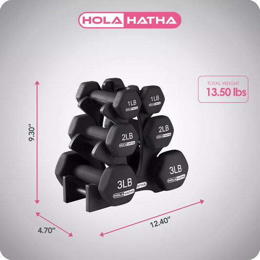 Holahatha 1, 2, and 3 Pound Neoprene Dumbbell Weight Set with Storage Rack Stand, Ideal Strength Training Home Gym Workout Equipment for Muscle Toning