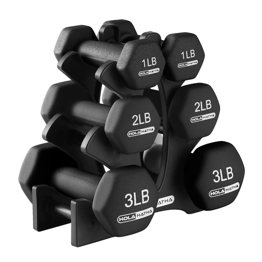 Holahatha 1, 2, and 3 Pound Neoprene Dumbbell Weight Set with Storage Rack Stand, Ideal Strength Training Home Gym Workout Equipment for Muscle Toning