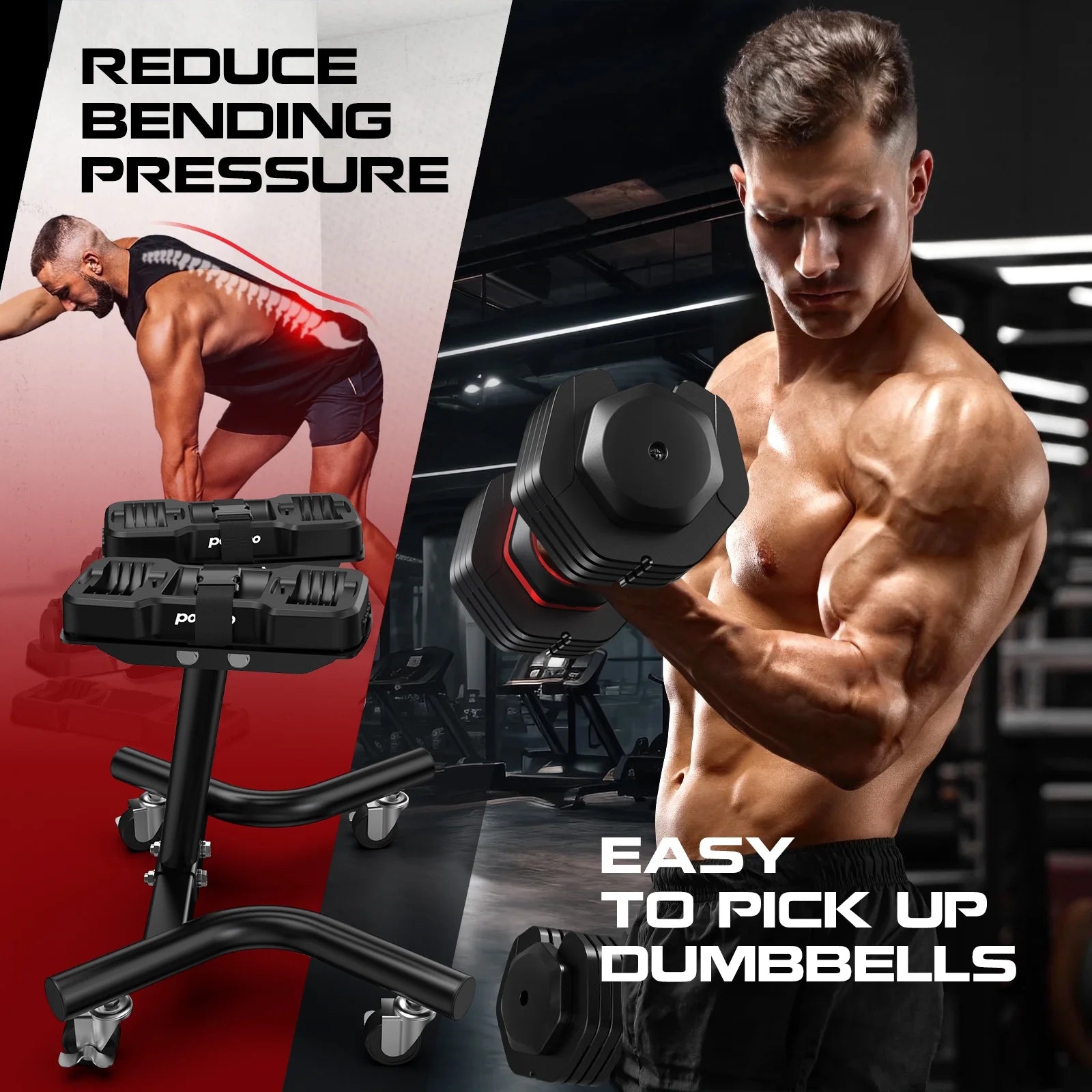 Dumbbell Rack Adjustable Dumbbell Stand with Lockable Wheels, Weight Rack with Safety Belt Dumbbell Storage Stand Holder for Home Gym