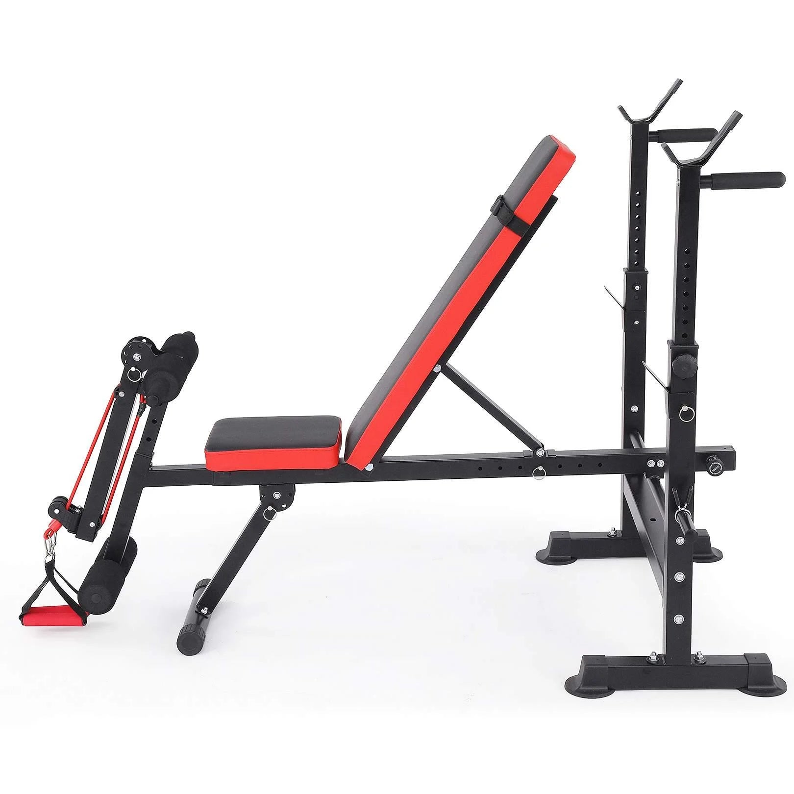 6-In-1 Adjustable Weight Bench Set Bench Press with Squat Barbell Rack/Removable Foot Catch/Rowing Set Ideal for Incline, Flat, Decline, and Sit up Full Body Exercise Equipment