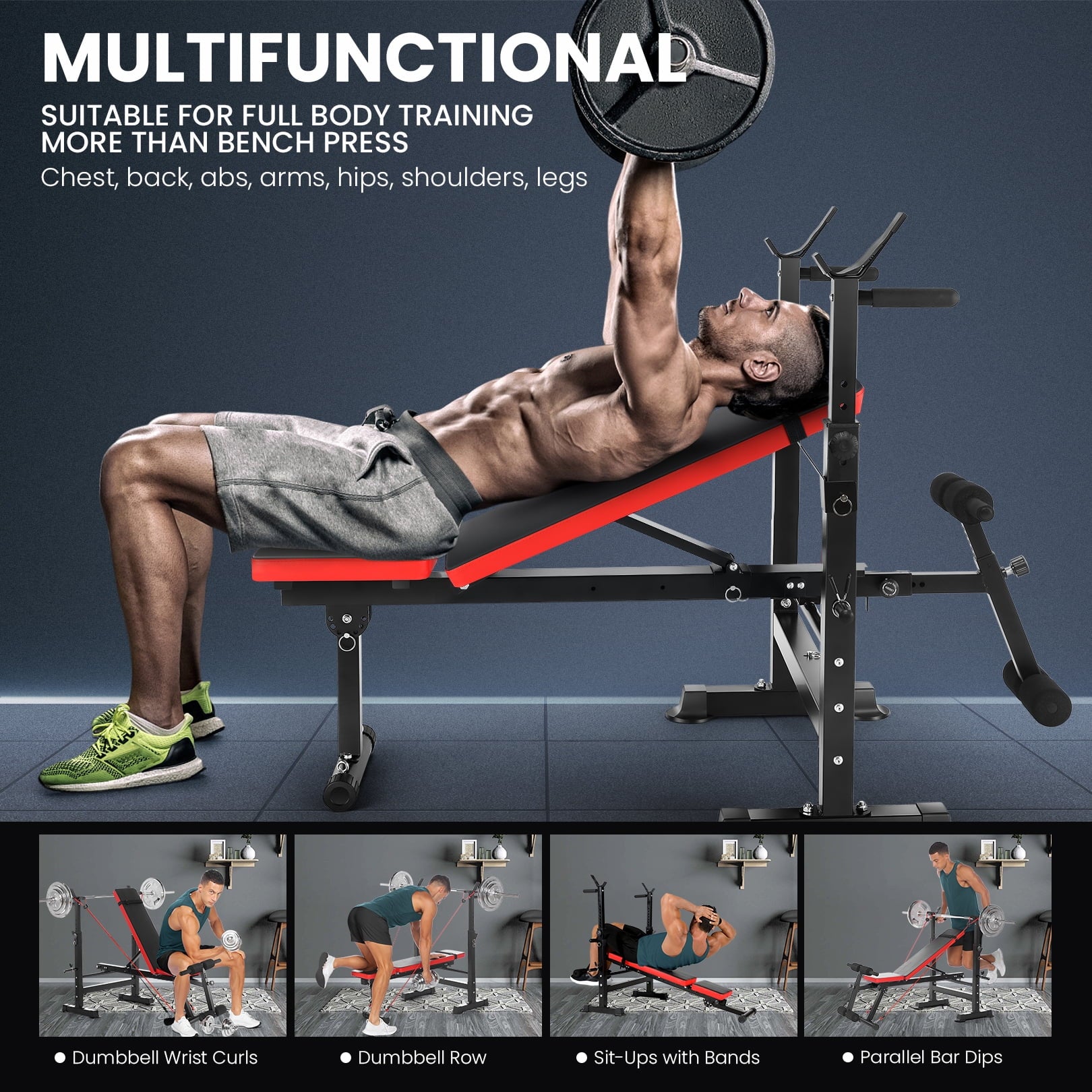 6-In-1 Adjustable Weight Bench Set Bench Press with Squat Barbell Rack/Removable Foot Catch/Rowing Set Ideal for Incline, Flat, Decline, and Sit up Full Body Exercise Equipment