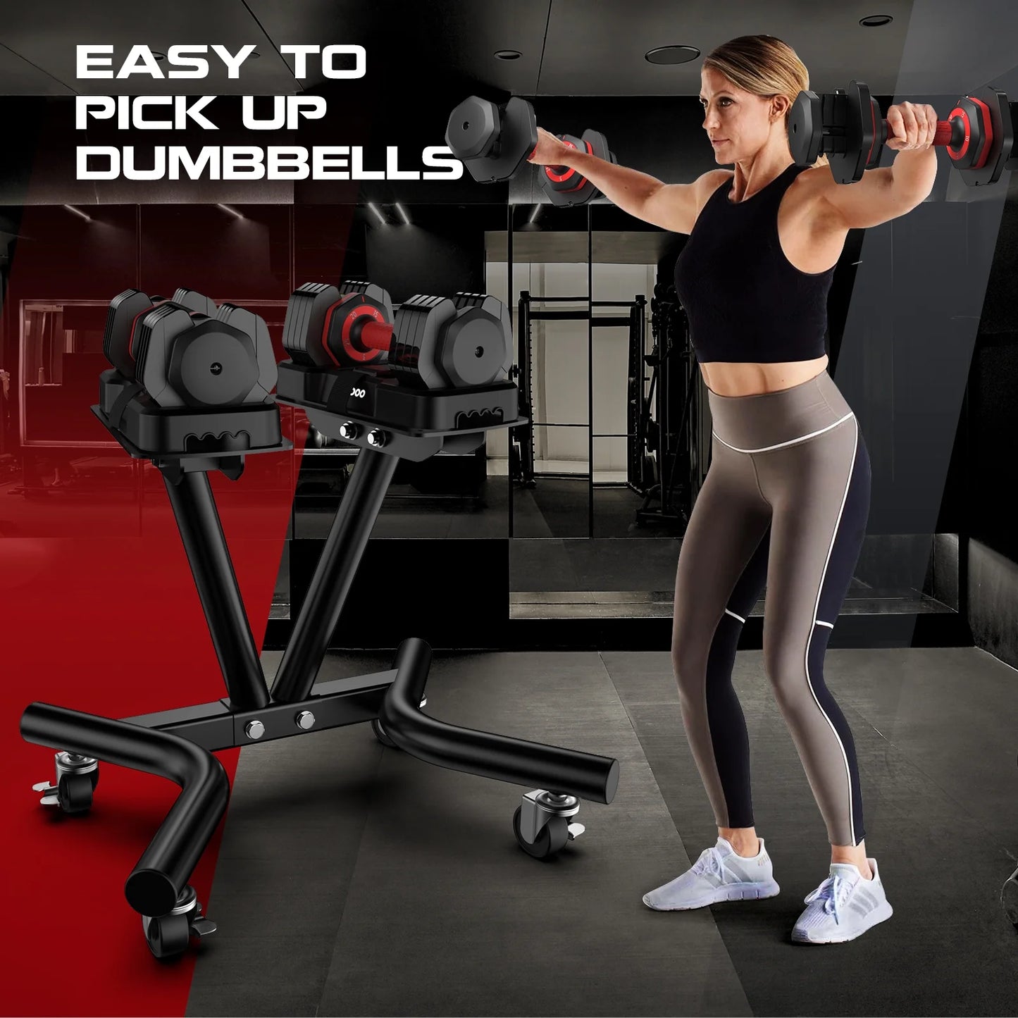 Dumbbell Rack Adjustable Dumbbell Stand with Lockable Wheels, Weight Rack with Safety Belt Dumbbell Storage Stand Holder for Home Gym