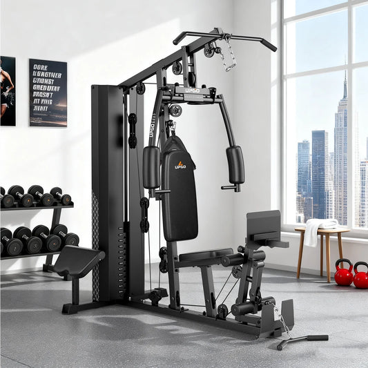 Home Gym Station, Workout Equipment with 154LBS Weight Stack, Leg Press and Preacher Curl Pad