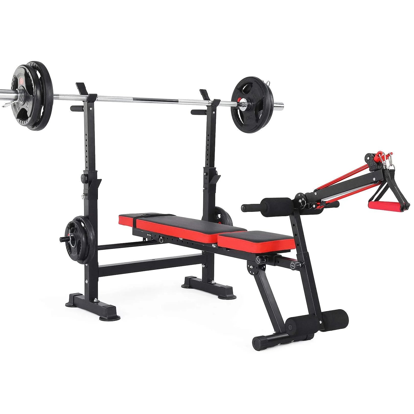 6-In-1 Adjustable Weight Bench Set Bench Press with Squat Barbell Rack/Removable Foot Catch/Rowing Set Ideal for Incline, Flat, Decline, and Sit up Full Body Exercise Equipment