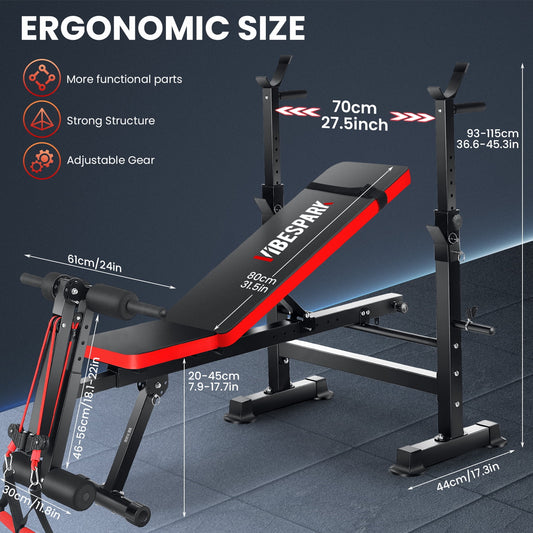 6-In-1 Adjustable Weight Bench Set Bench Press with Squat Barbell Rack/Removable Foot Catch/Rowing Set Ideal for Incline, Flat, Decline, and Sit up Full Body Exercise Equipment