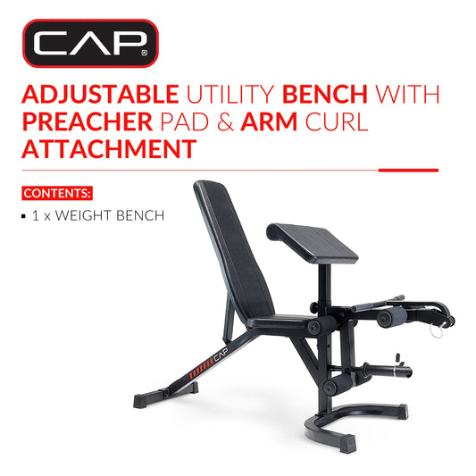 Deluxe Adjustable Utility Weight Bench with Preacher Curl and Leg Press Attachment